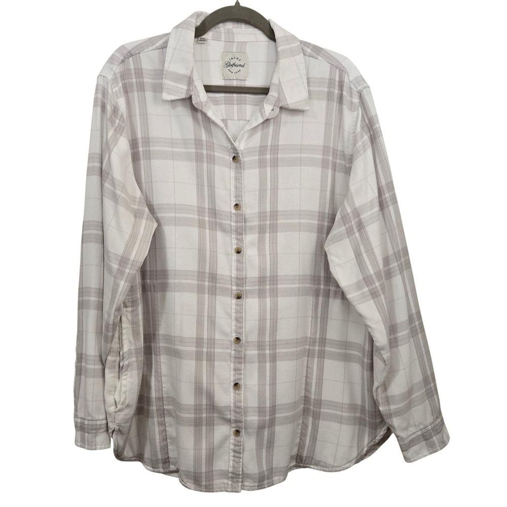Jachs Girlfriend Women's XXL White Tan Plaid Flannel Button Down Tunic Pockets